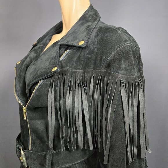 Vintage 90s Black Fringed Seuede Leather Jacket Belted Size M Boho Western Biker - Picture 6 of 12